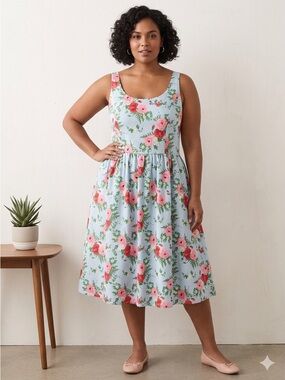 New Boutique 1861 Light Blue Floral Sundress with Pink & Red Flowers